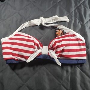 Pinup Couture Red White Striped Navy Blue Halter Bikini Top NWT Large Retro